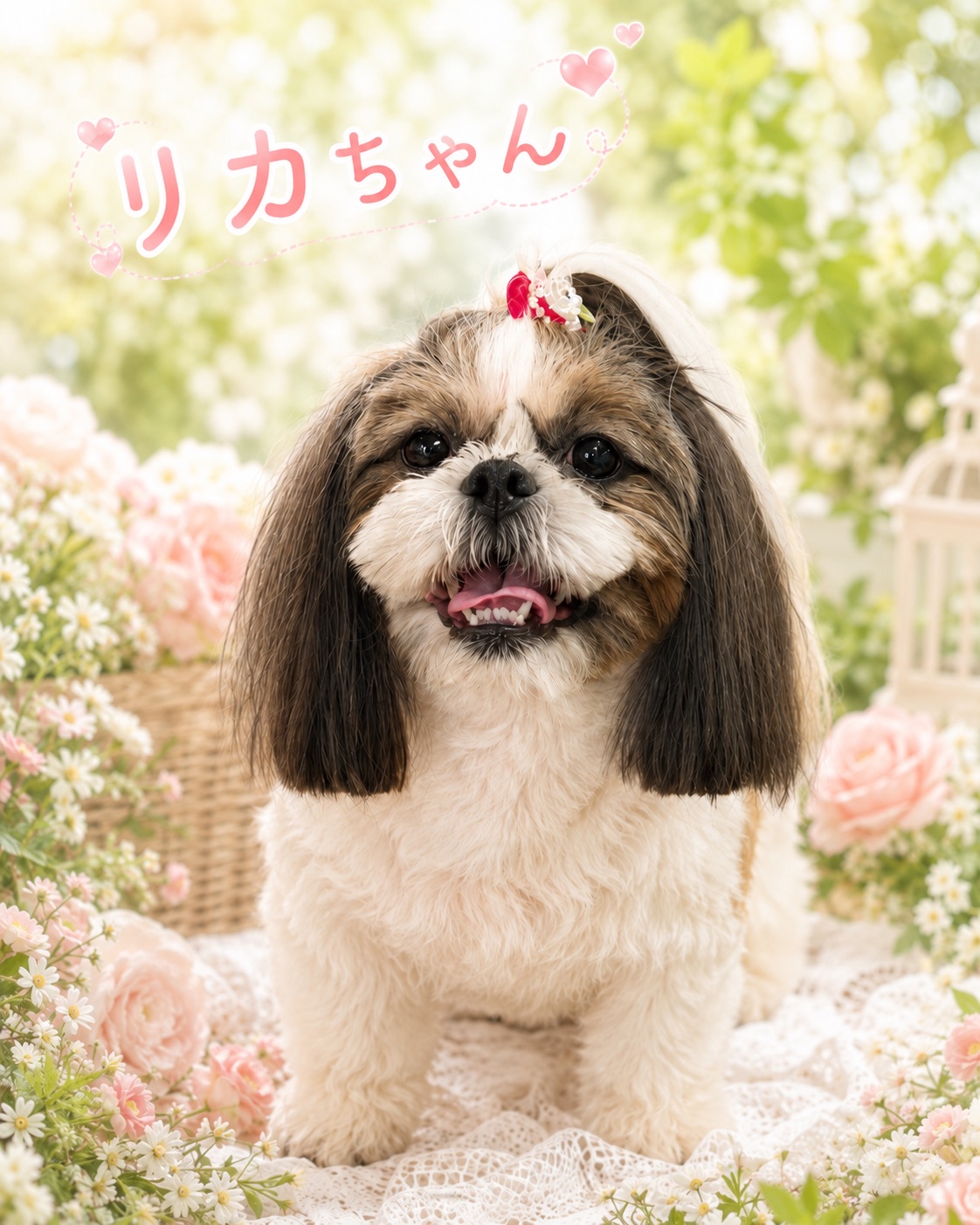 花に囲まれたシーズーのリカちゃん