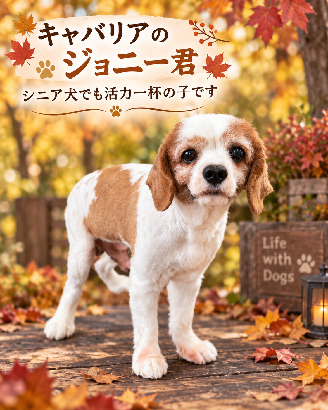 秋の紅葉を背景にしたキャバリアのジョニー君