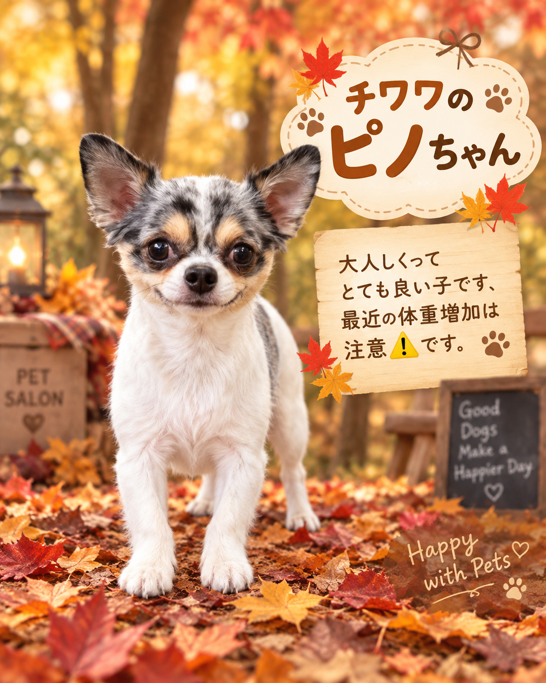 秋の紅葉を背景にしたチワワのピノちゃん