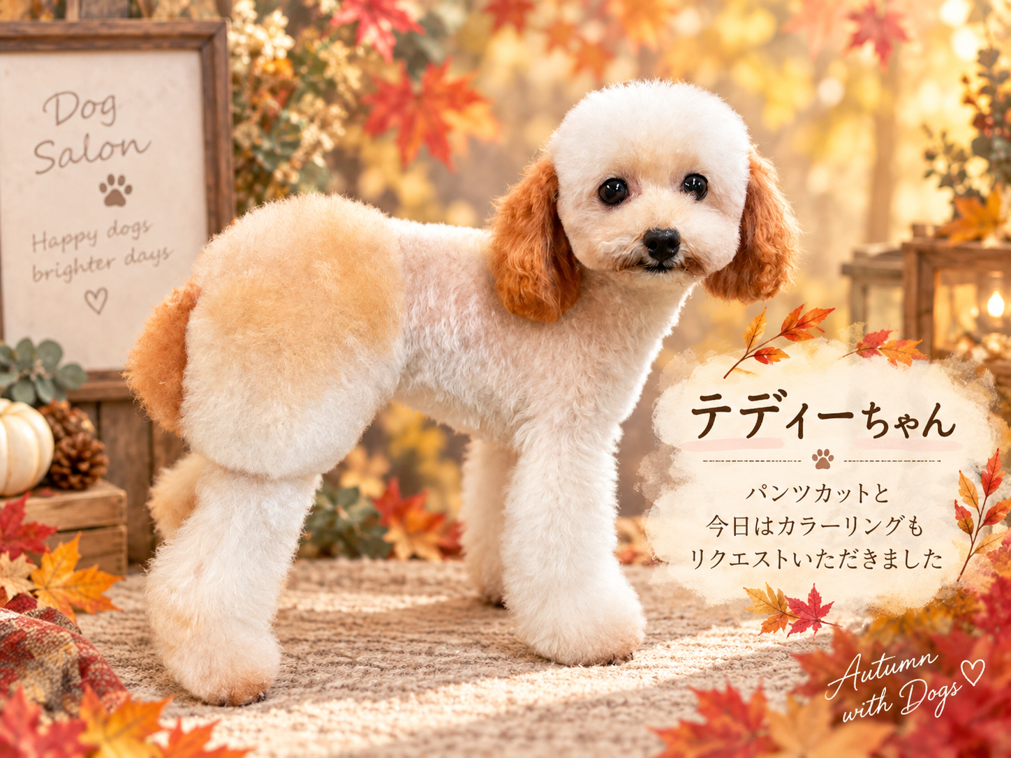 秋の紅葉を背景にしたテディーちゃん