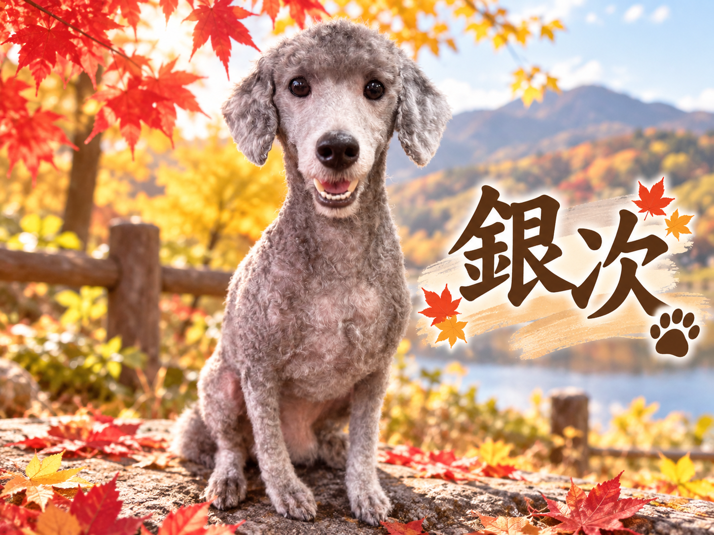 紅葉を背景にした銀次くん