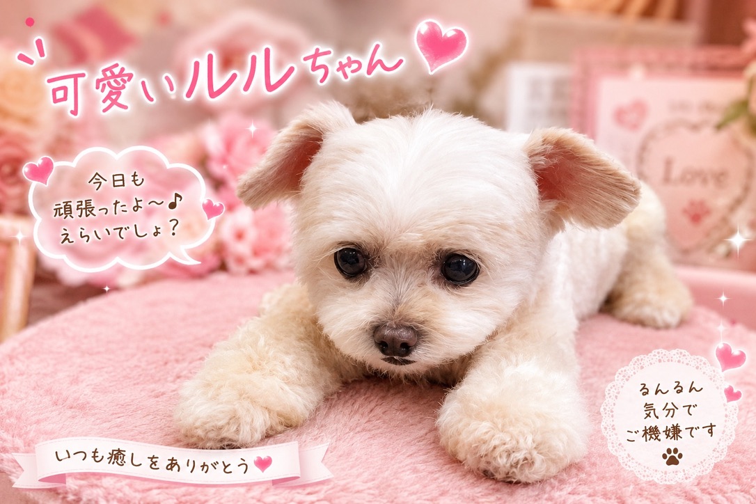 ピンクの背景でくつろぐルルルちゃん