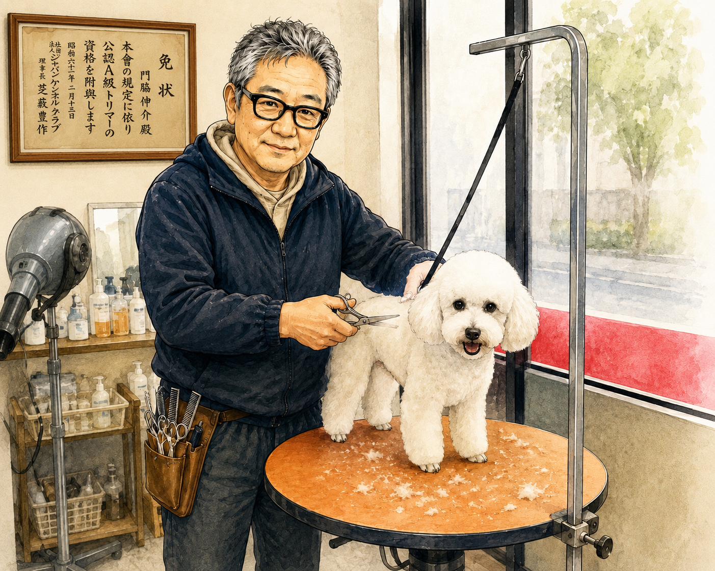 白い犬を丁寧にトリミングするオーナー門脇